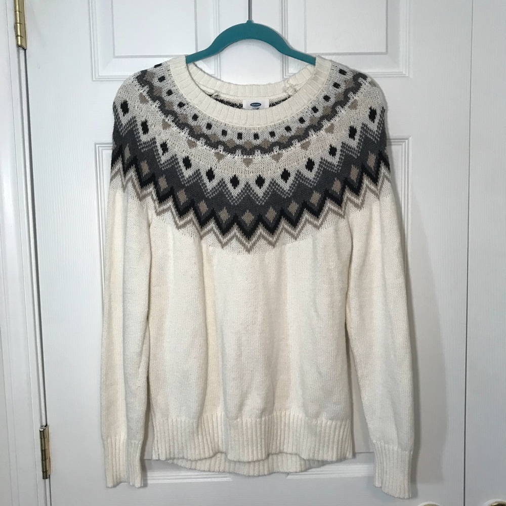 Old Navy Cream and Gray Geometric Sweater